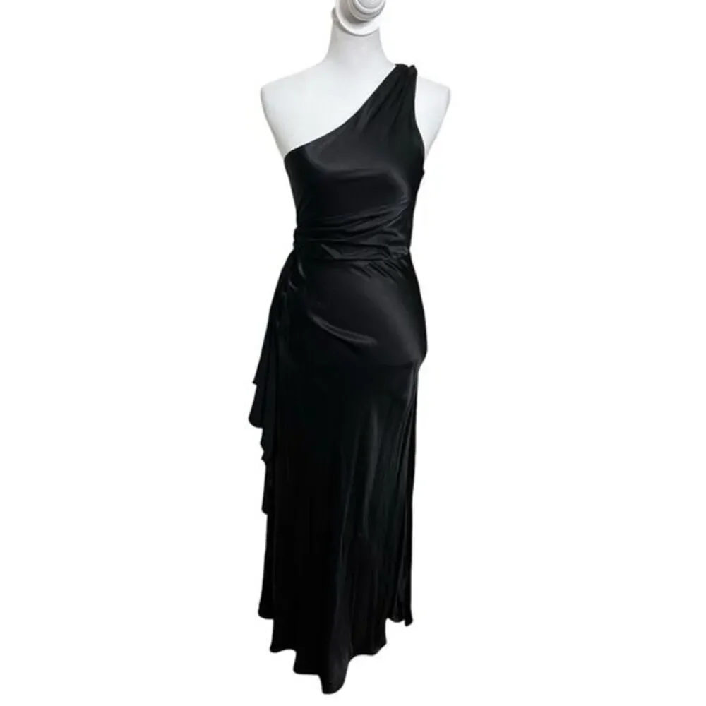 Meshki Calliope One Shoulder Maxi Dress Black Women's Size XS Satin Drape Formal